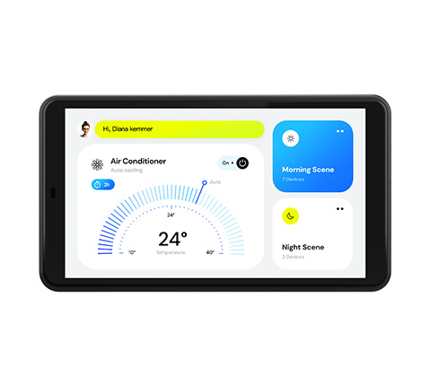The 1920 × 1080 capacitive display provides a clear interface for room controls, bookings and service information.
